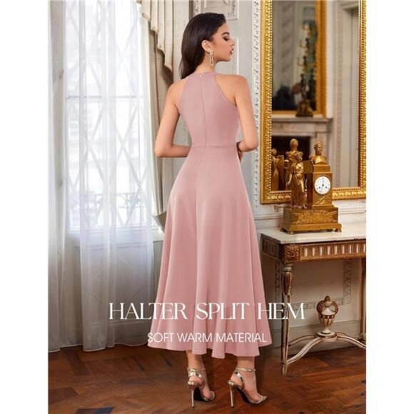 Womens Halter Split Hem Dress Elegant Pink - Picture 5 of 6